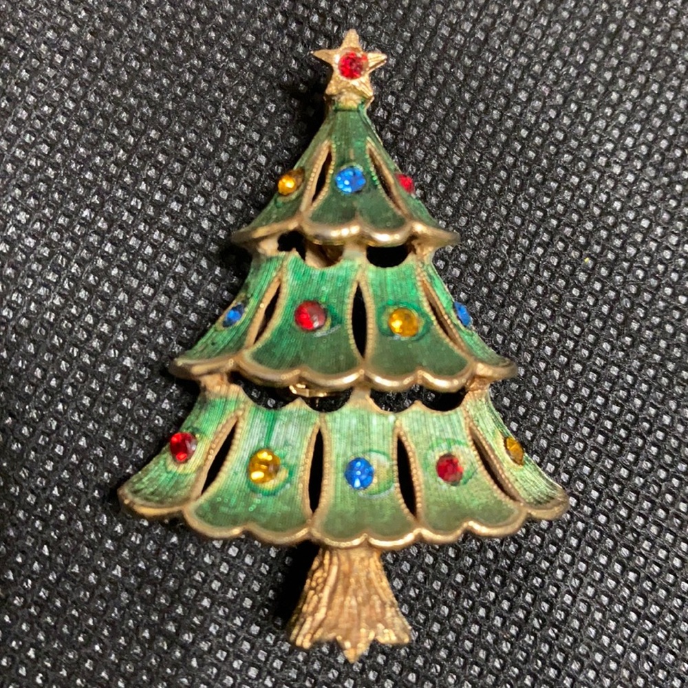 Vintage gold /green Christmas tree with rhinestones brooch - Picture 1 of 4